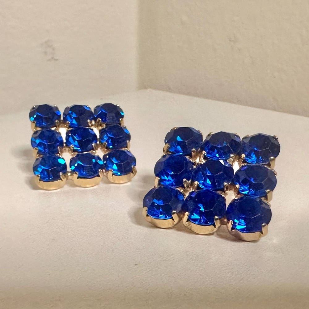 80s Vintage Blue Stone Earrings Square Retro Maximalist Glamour